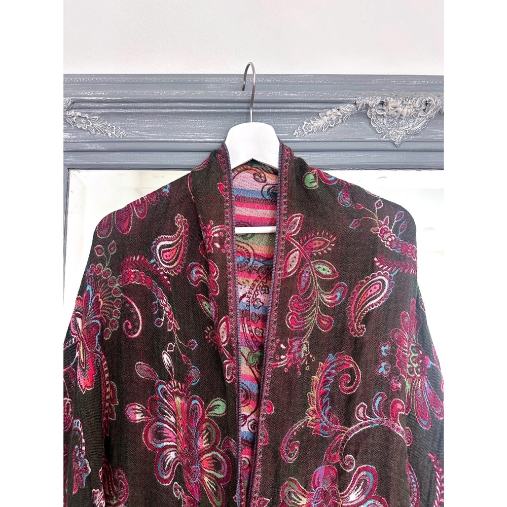 Y2K 100% Cashmere Paisley Floral Pashmina Shawl Wrap Scarf Brown Magenta Fringe - Picture 2 of 7